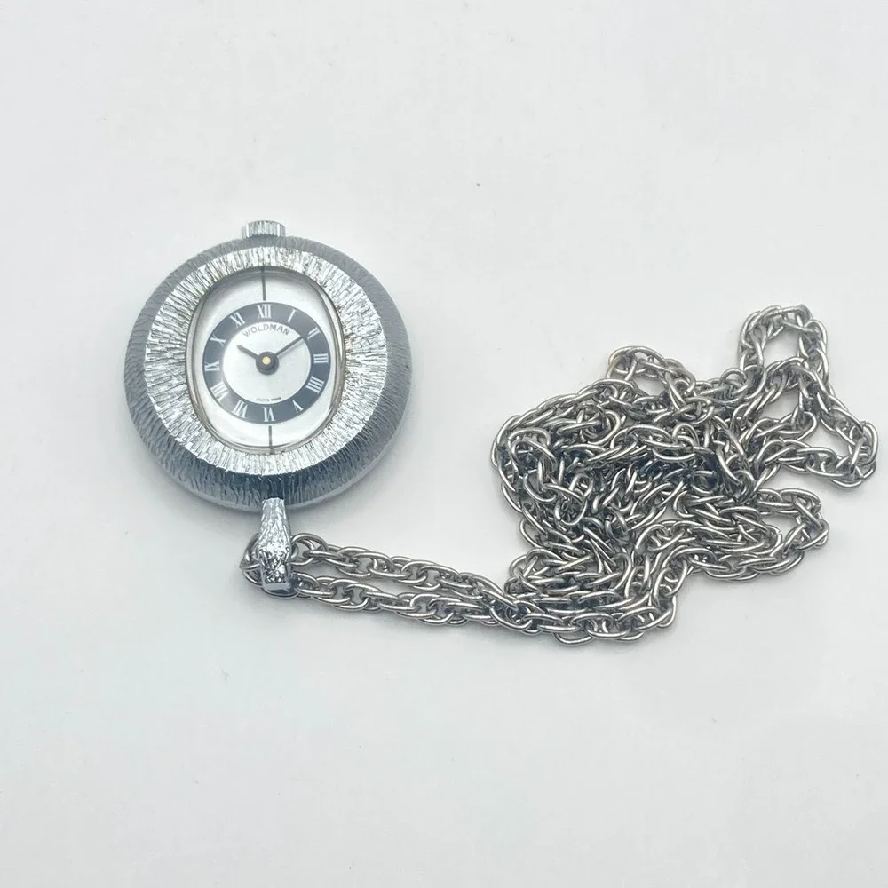 Vtg Woldman Necklace Pendant Watch Silver Tone Swiss Made 36mm Manual Wind Up